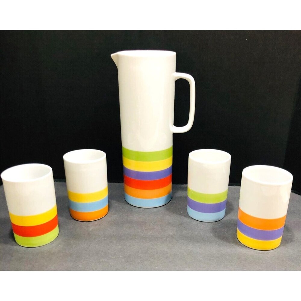 MCM Thomas Germany 5 PC Pitcher Tumbler Set VTG‎ Multicolor Stripes NWOT Patio